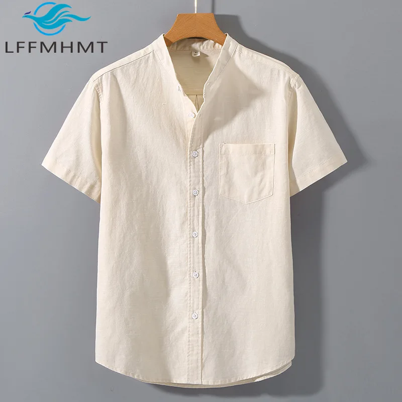 

Good Quality Cotton Linen Short Sleeve Simple Basic Shirt Men's Summer Chinese Style Stand Collar Soft Cozy Classic Tops Male