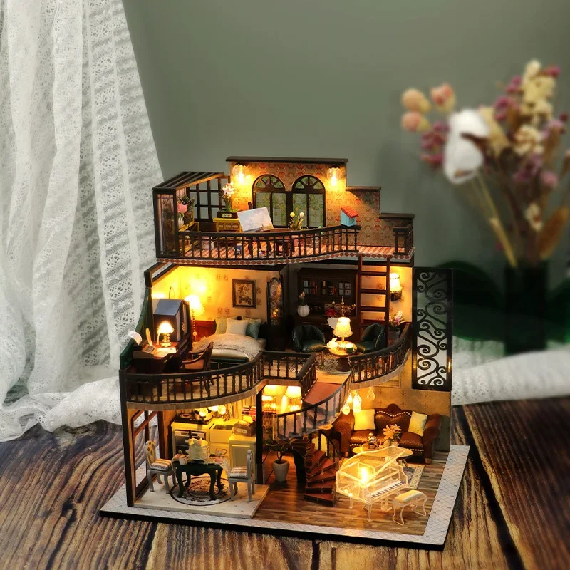 DIY hut, creative assembly model hut three-layer loft retro architectural model home ornament