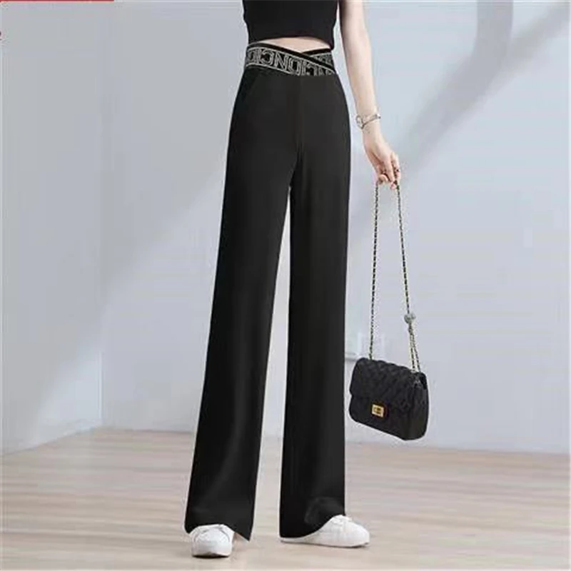 Women\'s Korean Fashion White Ice Silk Drapped Wide Leg Pants Summer Chic Elastic High Waist Straight Trousers Elegant Pantalones