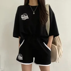 Roupa esportiva casual de algodão feminina, estilo solto, shorts de duas peças, manga curta, roupas de estudante, moda verão, 2024