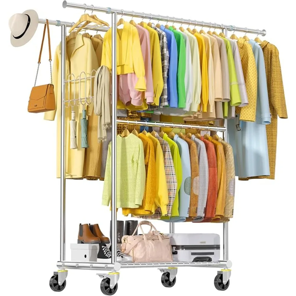 

100% Stainless Steel Heavy Duty Clothes Rack Load 960LBS, Three Rods Clothing Racks for Hanging Clothes Extendable