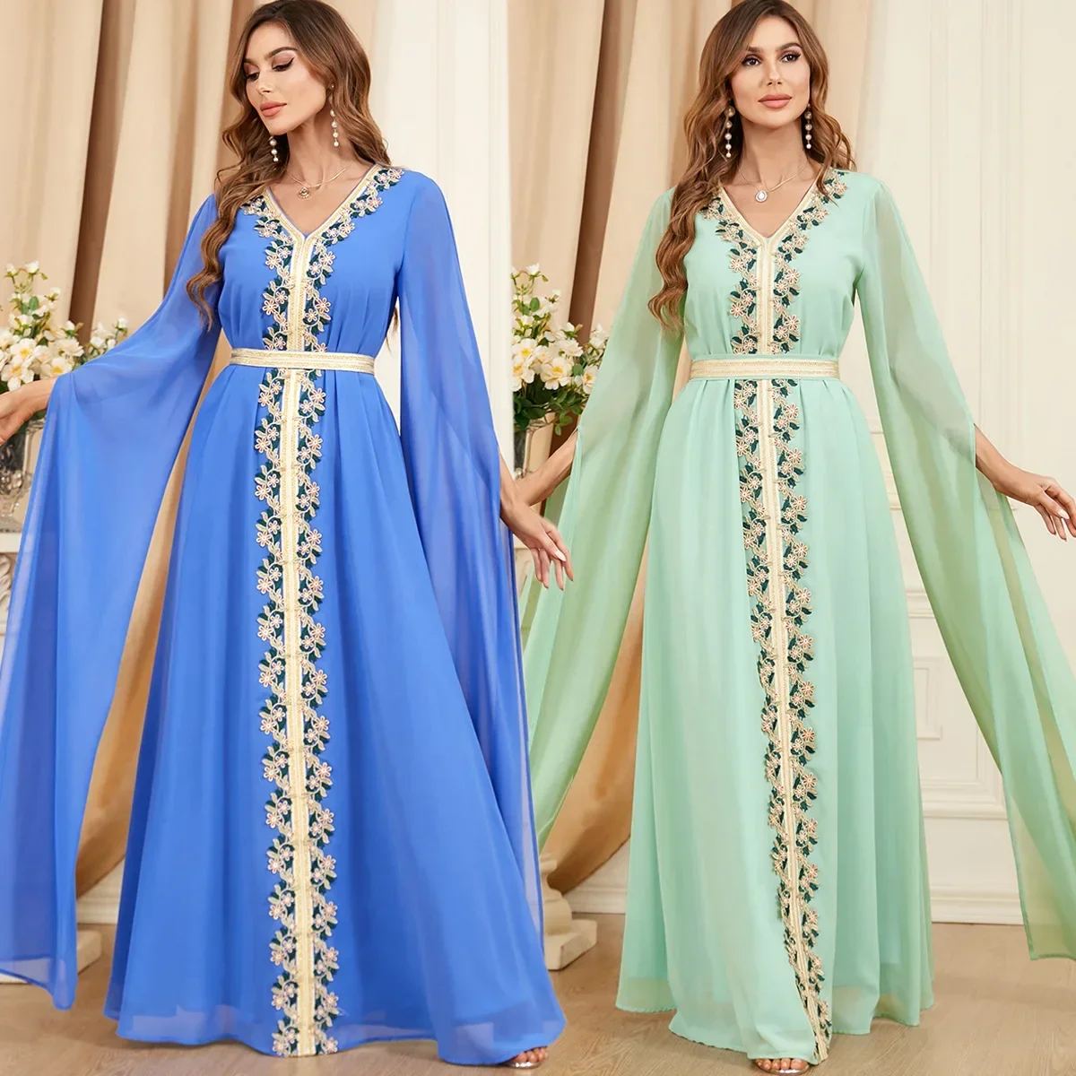 Retalhos femininos Abaya manga super longa, vestido casual muçulmano de Dubai, vestido de festa solto, vestido caftan marroquino, na moda