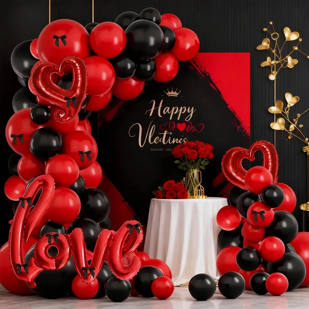 113-teiliges schwarzes und rotes Valentinstags-Ballonbogen-Set, rote herzförmige Liebesballons aus Aluminiumfolie mit schwarzen Schleifenbändern, für Valentinstagsfeiern, Antragspartys, Hochzeiten und