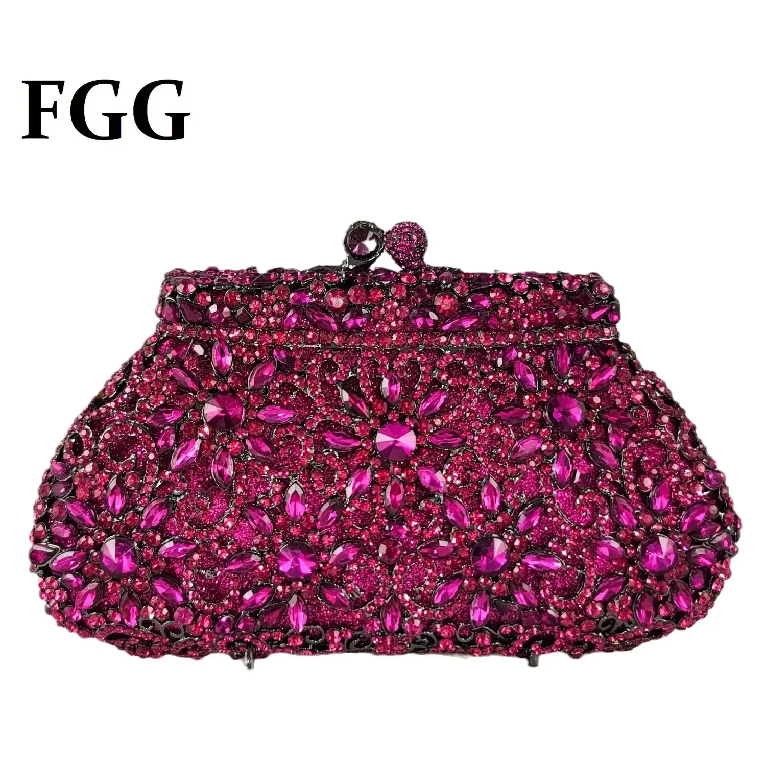 Boutique De FGG Fuchsia Crown & Flower Women Crystal Clutch Evening Handbags Party Dinner Wedding Bridal Rinestone Purse