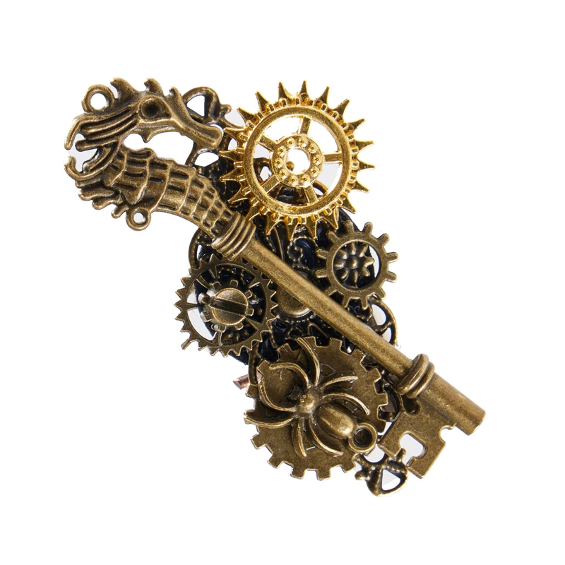 Men Women Brooches Vintage Broze Unisex Gears Clock Key Breast-Pins Steampunk Accessories