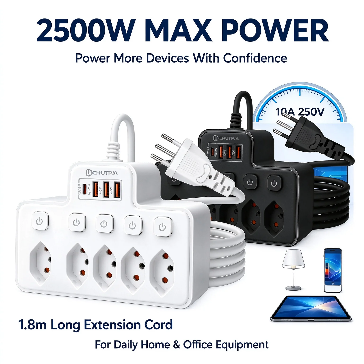 Switzerland Power Strip With Individual Switches 5 AC Outlets 4 USB Ports 1.8m Extension Cord 2500W For Home Office Dorm