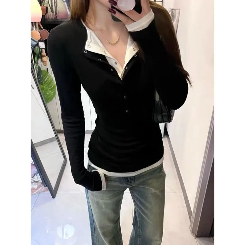 여성 슬림핏 티셔츠 가을 긴팔 버튼 페이크 투피스 블랙 핫티 스트리트웨어 아메리칸 빈티지 하라주쿠 탑스 신상