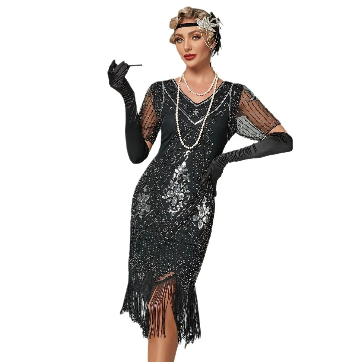 

Women's Vintage Fringed Short Sleeve1920s Gatsby Dress Flapper Beaded Sequin V-neck Fringe Dress Cocktail Party Wedding Dress