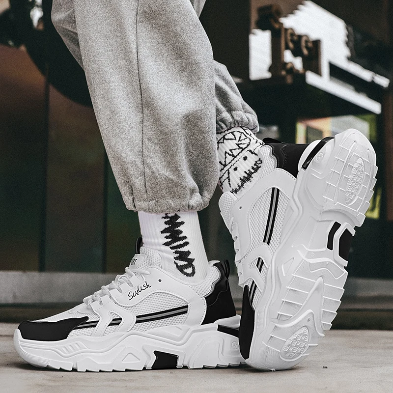 Estudante sola grossa malha respirável sapatos esportivos casuais quatro sazonal masculino ao ar livre sola macia conforto tênis masculino