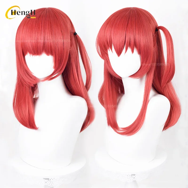 Em estoque ikuyo kita cabelo sintético anime 50cm longo rosa vermelho lado amarrado trança cosplay anime peruca resistente ao calor perucas de halloween