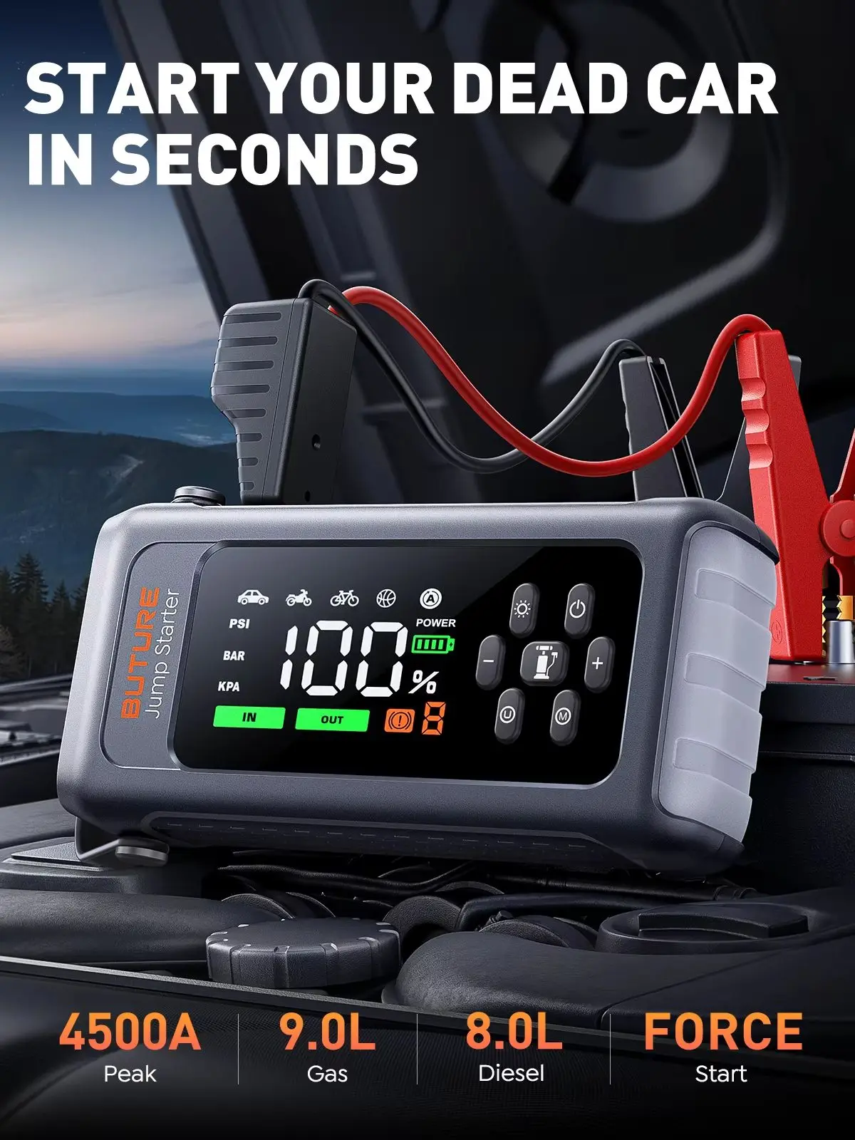 BUTURE 4500A Auto-Starthilfegerät mit 150PSI Luftkompressor, 18W Powerbank, Notfall-Batterie-Booster, Startgerät für Autos