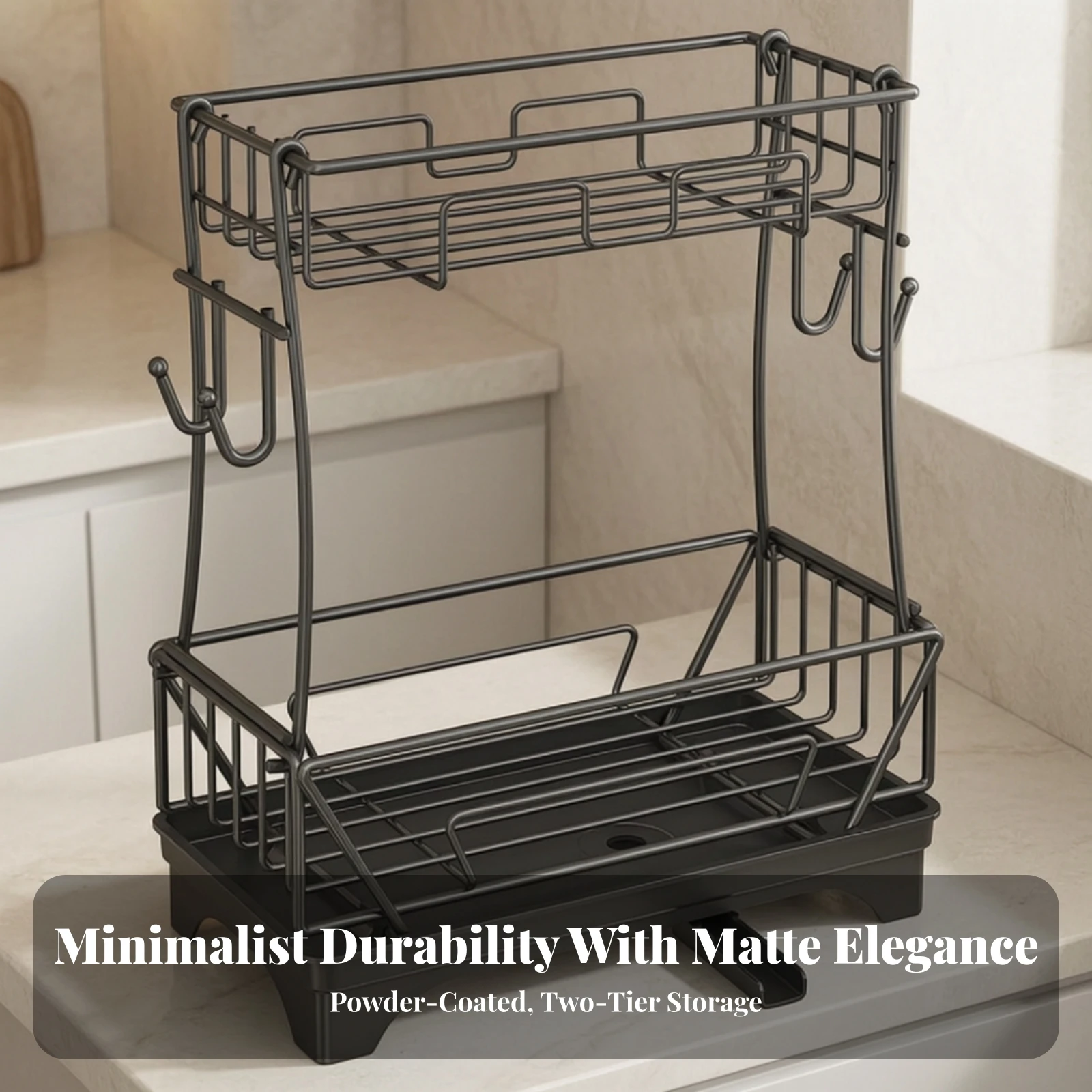 Dish-Drying Rack Space-Saving Drying Rack with Hooks Countertop Organizer Self-Draining Sink Organizer Rust-Resistant