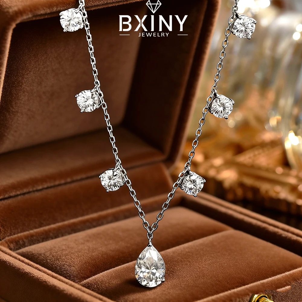 

BXINY WaterDrop Moissanite Necklace 100% S925 Silver Pear Diamond Tassel Pendant NeckChain for Women Gifts Wedding Fine Jewelry