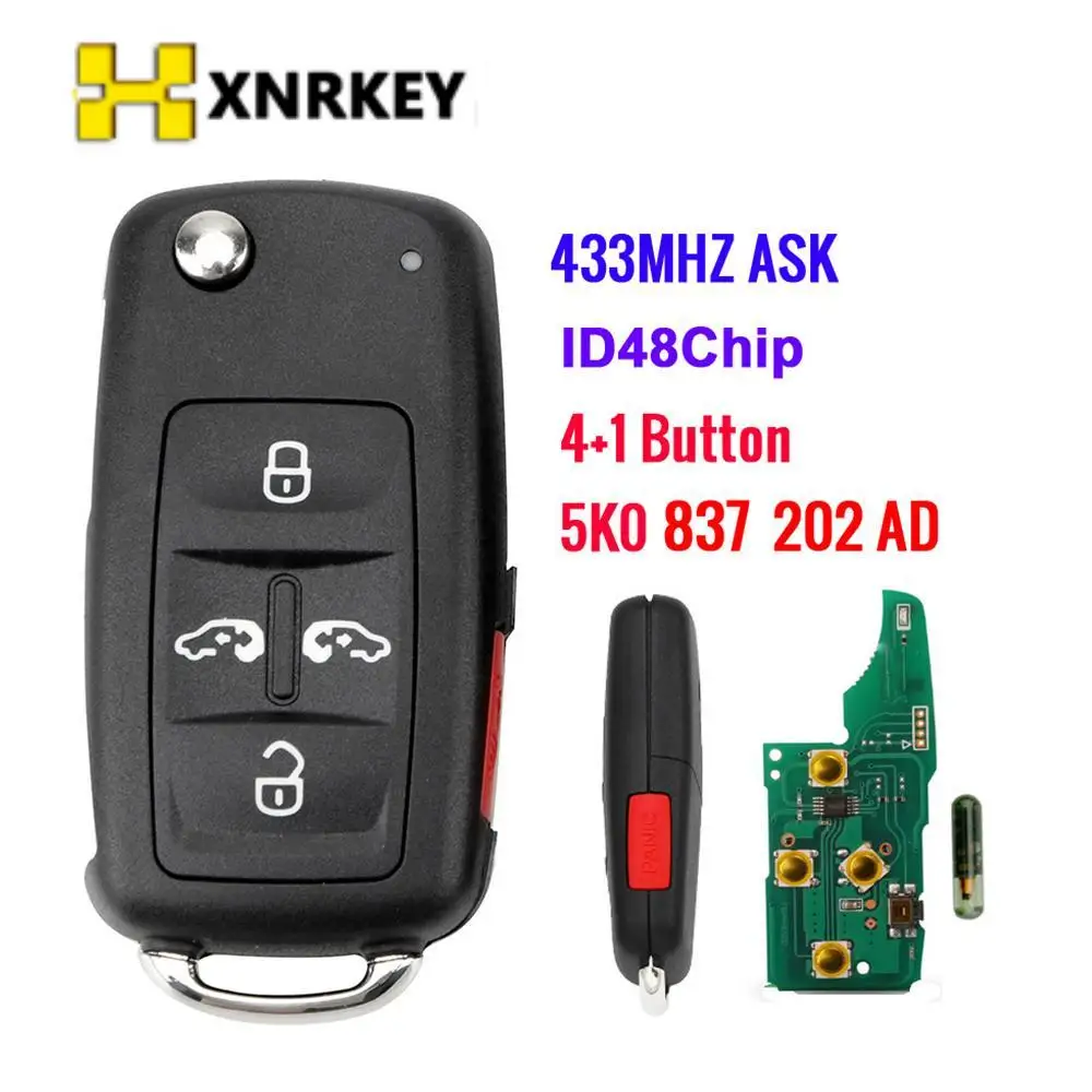 

XNRKEY 5 Button Car Flip Remote Key ID48 Chip 433Mhz FCC 5K0837202AD for VW Sharan Multivan T5 Caravelle Replace Flip Key