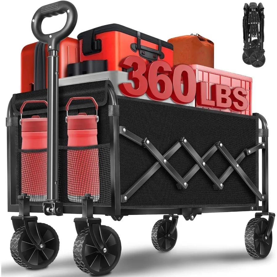 

Foldable 360 Lbs Capacity Wagon with Adjustable Handle in Black Lightweight and Portable Design for Camping Shopping Sports Eve