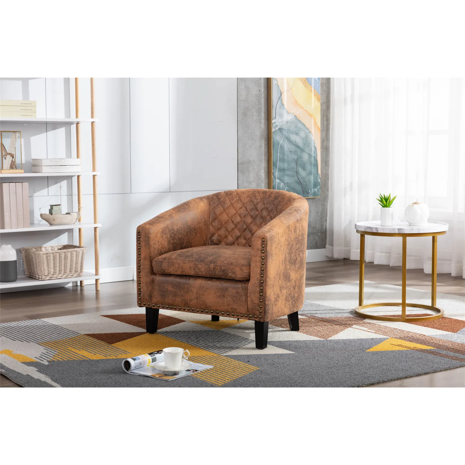 Barrel Chair with Nailheads, Solid Wood Legs, Light Coffee Microfiber Fabric - COOLMORE Accent Chair for Living Room