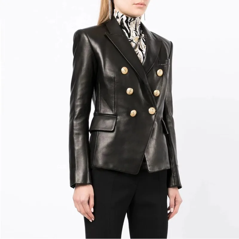 

Блузка-куртка из искусственной кожи для женщин, осенне-зимняя, черная, с длинными рукавами, в деловом стиле, с отложным воротником, приталенная, минималистичная