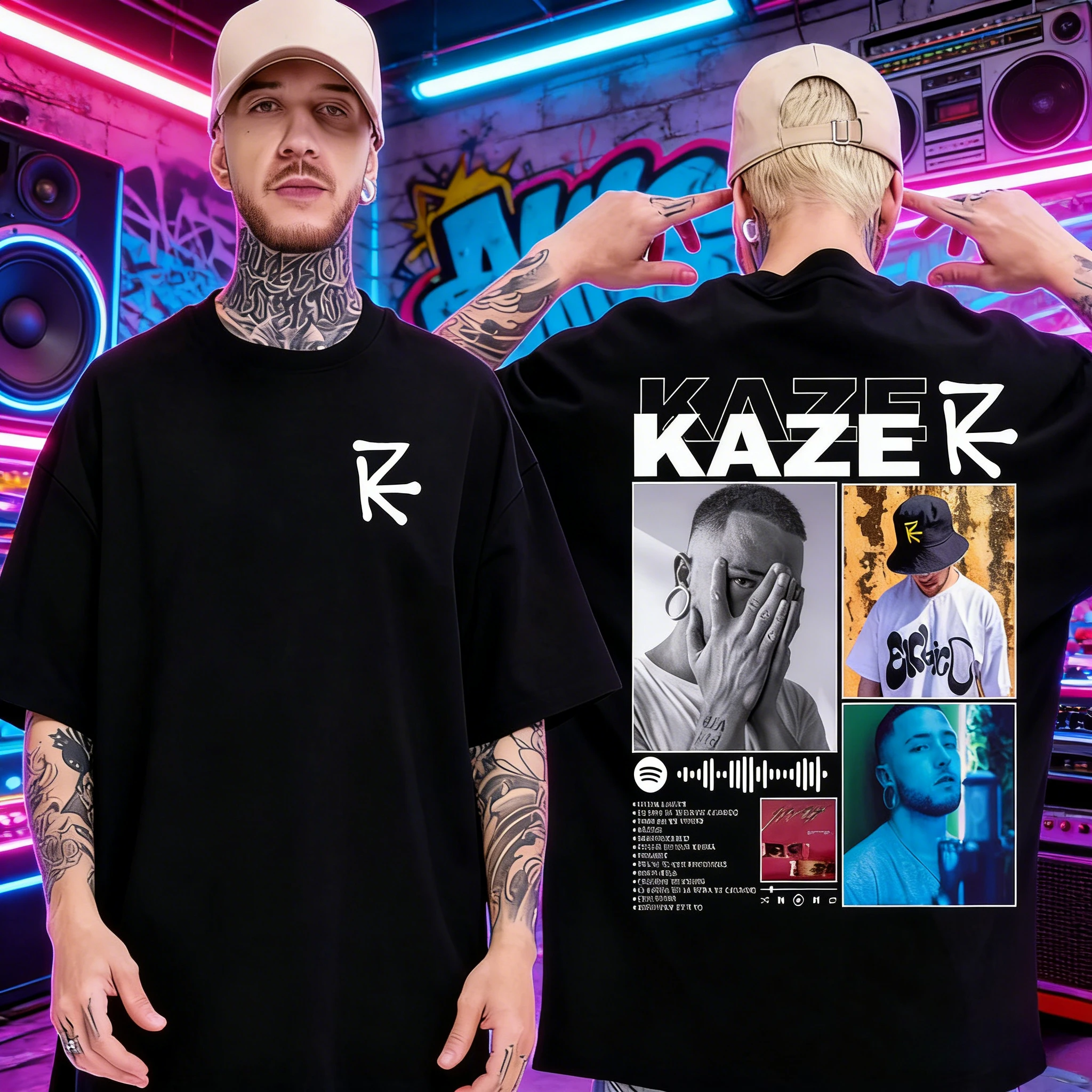 

Cover T-shirt for The 2025-26 Summer Rapper Kazer's Album Tour, Men's Hip-hop Retro 100% Cotton Short-sleeved Loose Casual Shirt