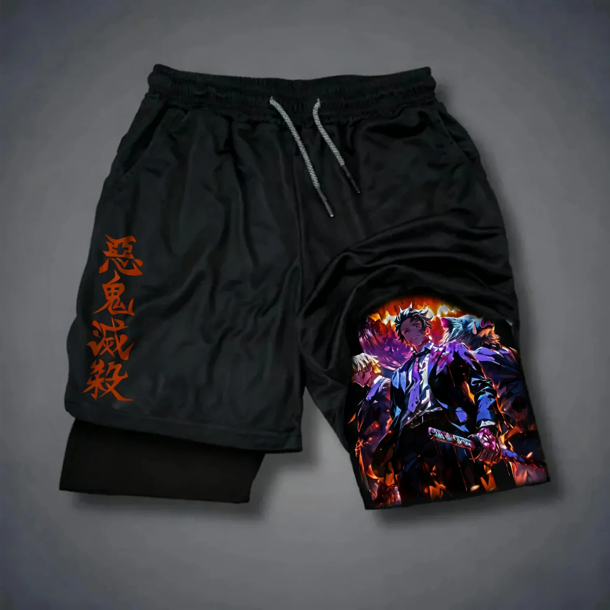 Celana Pendek Olahraga Demon Slayer Anime Halloween Dua-dalam-Satu Musim Panas 2025 Model Baru Fashion Fitness Renang Hiking Celana Pendek Lapis Ganda