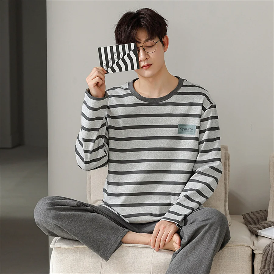 2025 New Men's Striped Sleepwear Long Sleeve Tops and Trousers Spring Autumn Cotton Pajamas Set Men Nightwear Casual Homewear