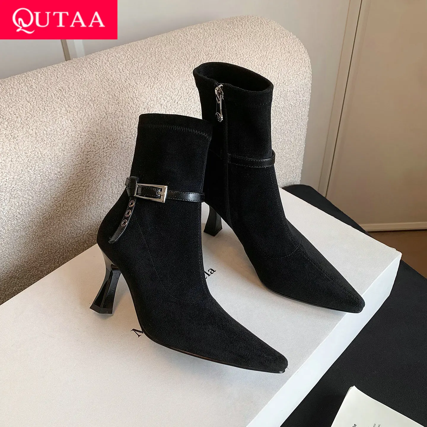 

QUTAA 2026 Fashion Women Ankle Boots Winter Faux Suede Autumn Shoes High Heels Zipper Pointed Toe News Short Boots 34-40
