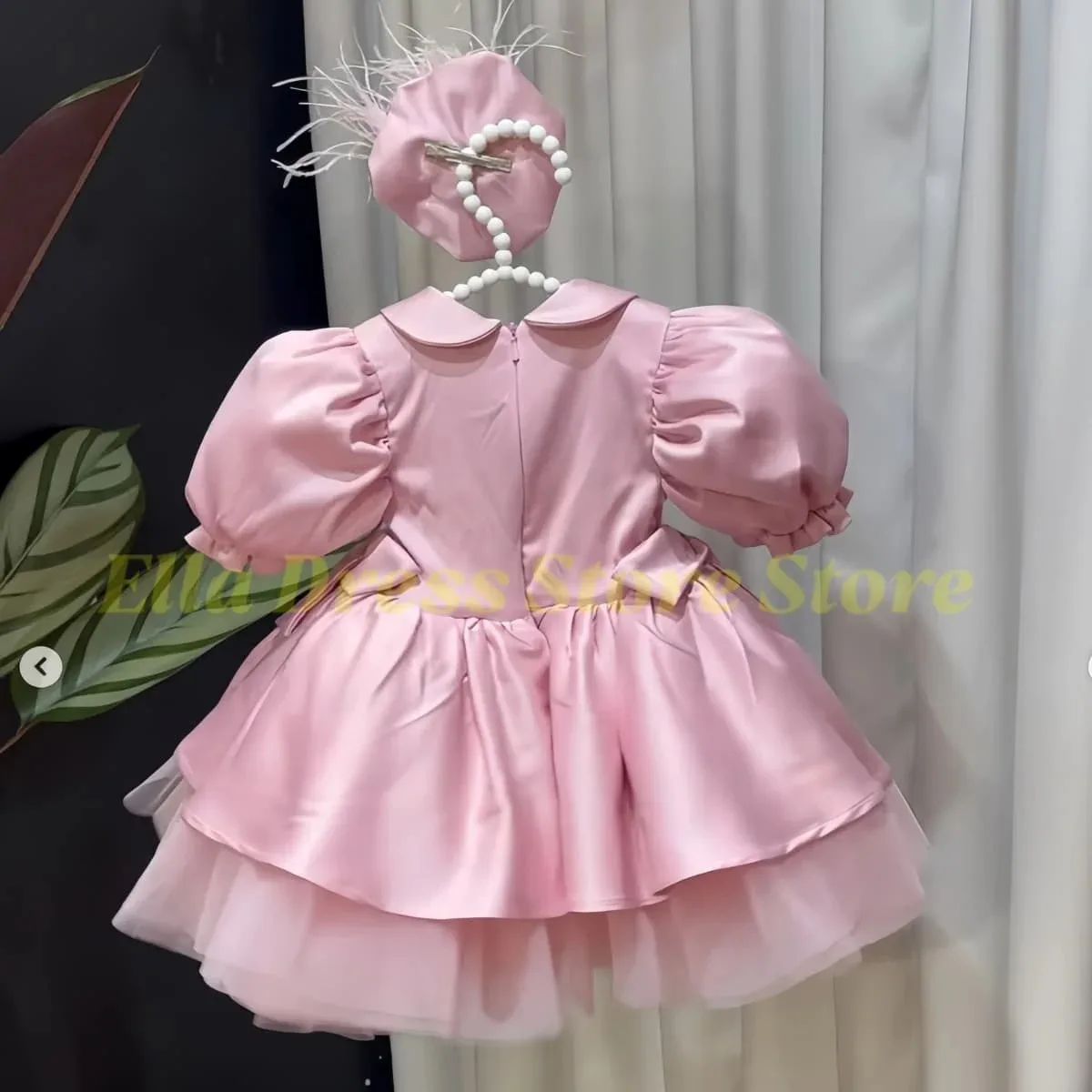 Großhandel Rosa Baby-Mädchenkleid Schleife Puffige Kleider für Mädchen Schleife Kommunionkleid Knielang Blumenmädchenkleid Kinderkleider nach Maß – Detail 1