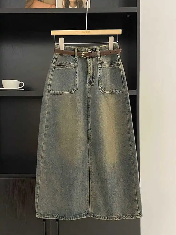 Denim 2024, new fall pear-shaped, plus-size, mid-length, slim, high-waisted, split-hip skirt