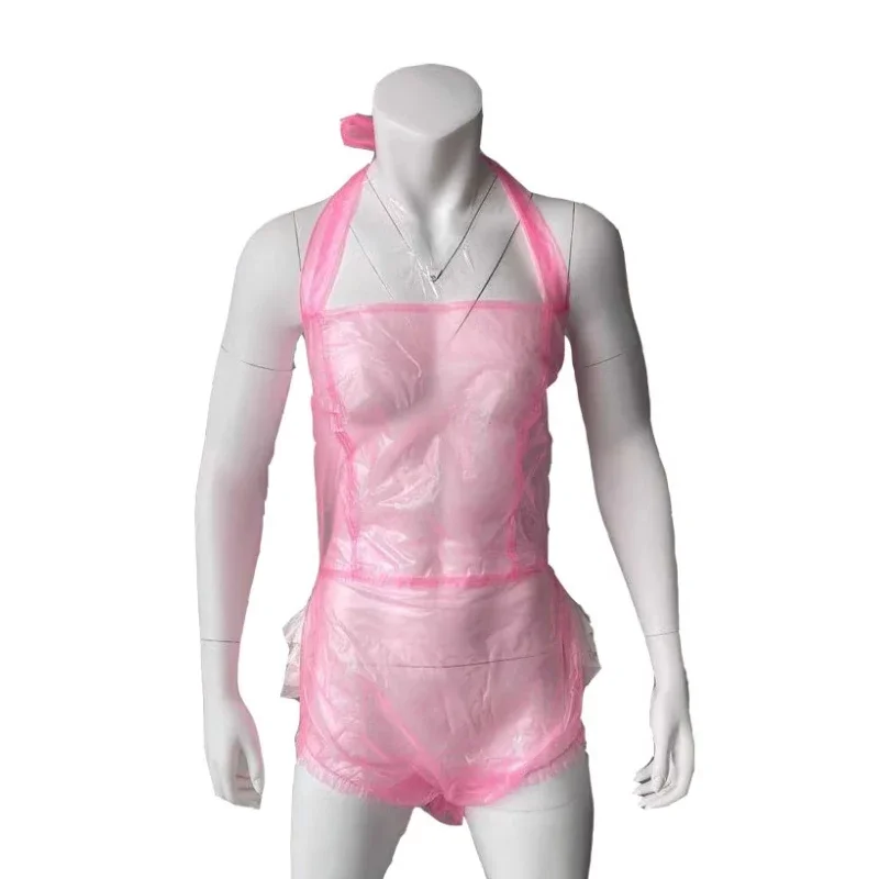 Transparent Pink ABDL Adult Baby PVC Plastic Jumpsuit Adjustable Ruffles Soft Silent Couple Playsuit Waterproof Diaper pants