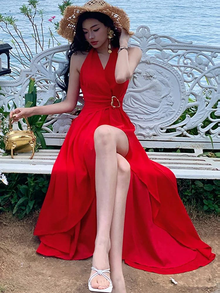 여성 레드 쉬폰 붕대 우아한 슬릿 롱 드레스 여름 패션 시크 넥 마운트 섹시 드레스 2025 한국 바디콘 럭셔리 드레스