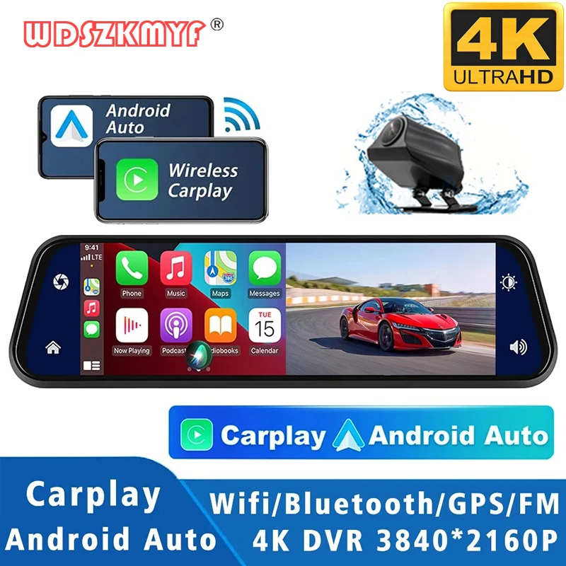 

10inch Mirror Wireless Carplay Android Auto Car DVR 4K Front and Rear Camera Touch Screen Dash Cam for Cars Rear View Camera