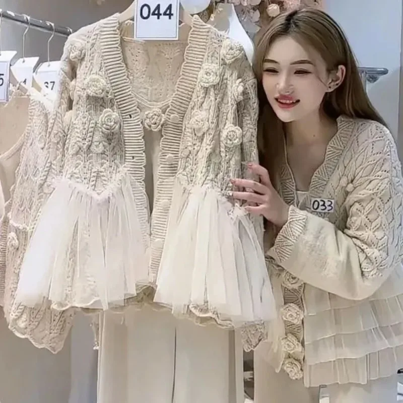 Luxury Spring Autumn Women's Clothing Knitted Cardigan Floral Sweet Knit Sweater Outerwear Socialite Versatile Layering Piece