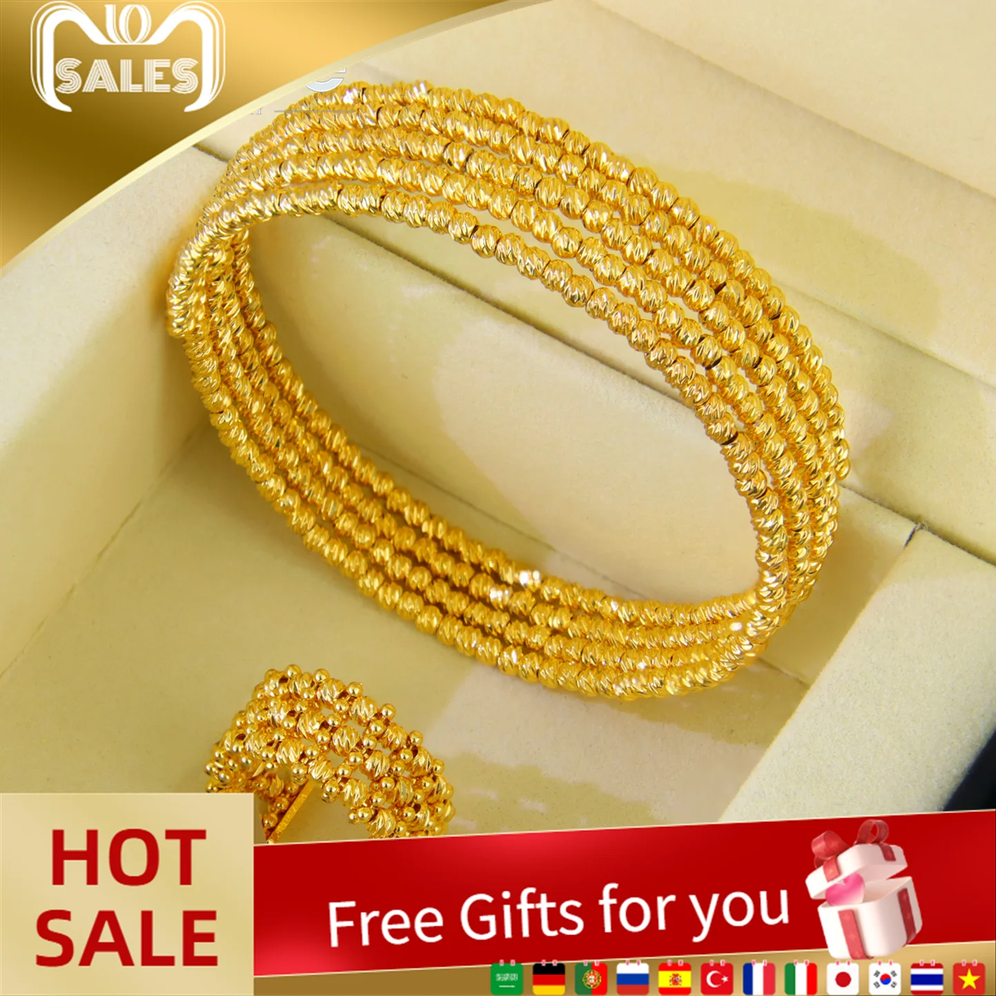 

Luxury Dubai Bridal Wedding Jewelry Set 21k Gold Plated Arabic Vintage Multi Layers Bracelet Ring Muslim Women Marry Jewelrys