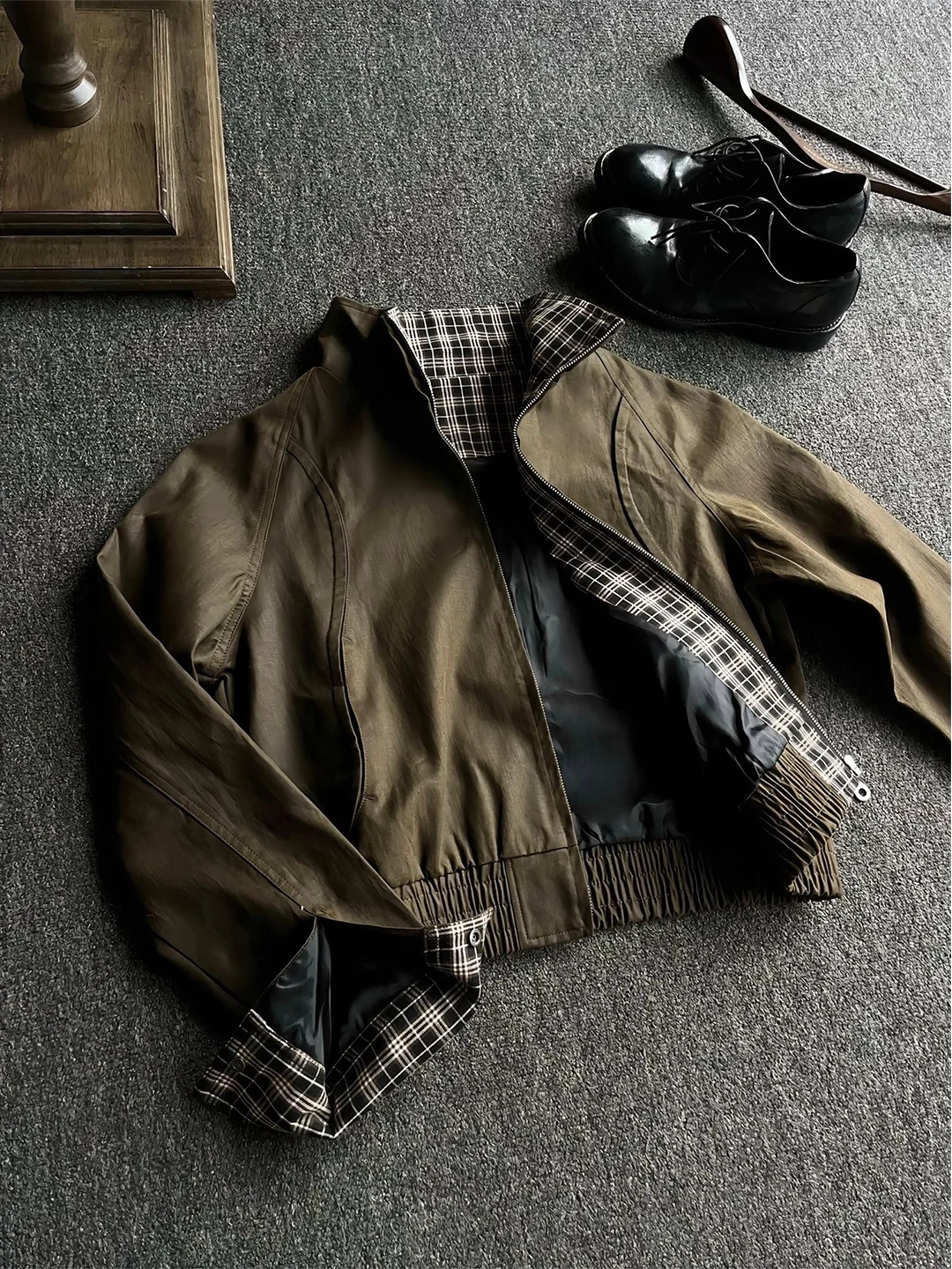

Brown Plaid Splicing ort Jaet Men's Autumn Winter Barn Sle Workwear Coat Stand Collar Baseball Suit Loose Fit Warmth