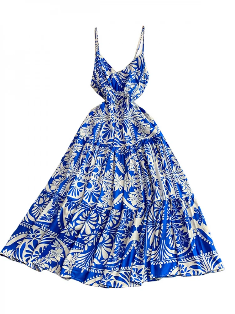 보헤미안 여성 시크 여름 플로럴 프린트 슬림 맥시 롱 드레스 캐주얼 섹시 스파게티 스트랩 비치 휴가 INS 파티 우아한 튜닉 드레스