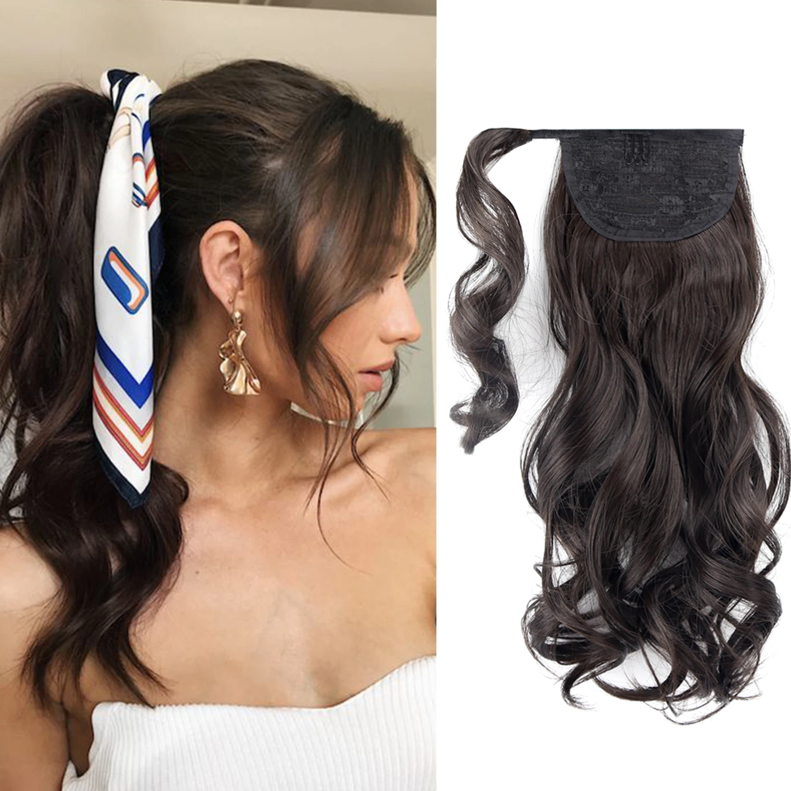 Amir Synthetic Long Wave Ponytail Wrap Around Ponytail Clip in Hair Extensions Natural Hairpiece Head wear Brown Gray Hair