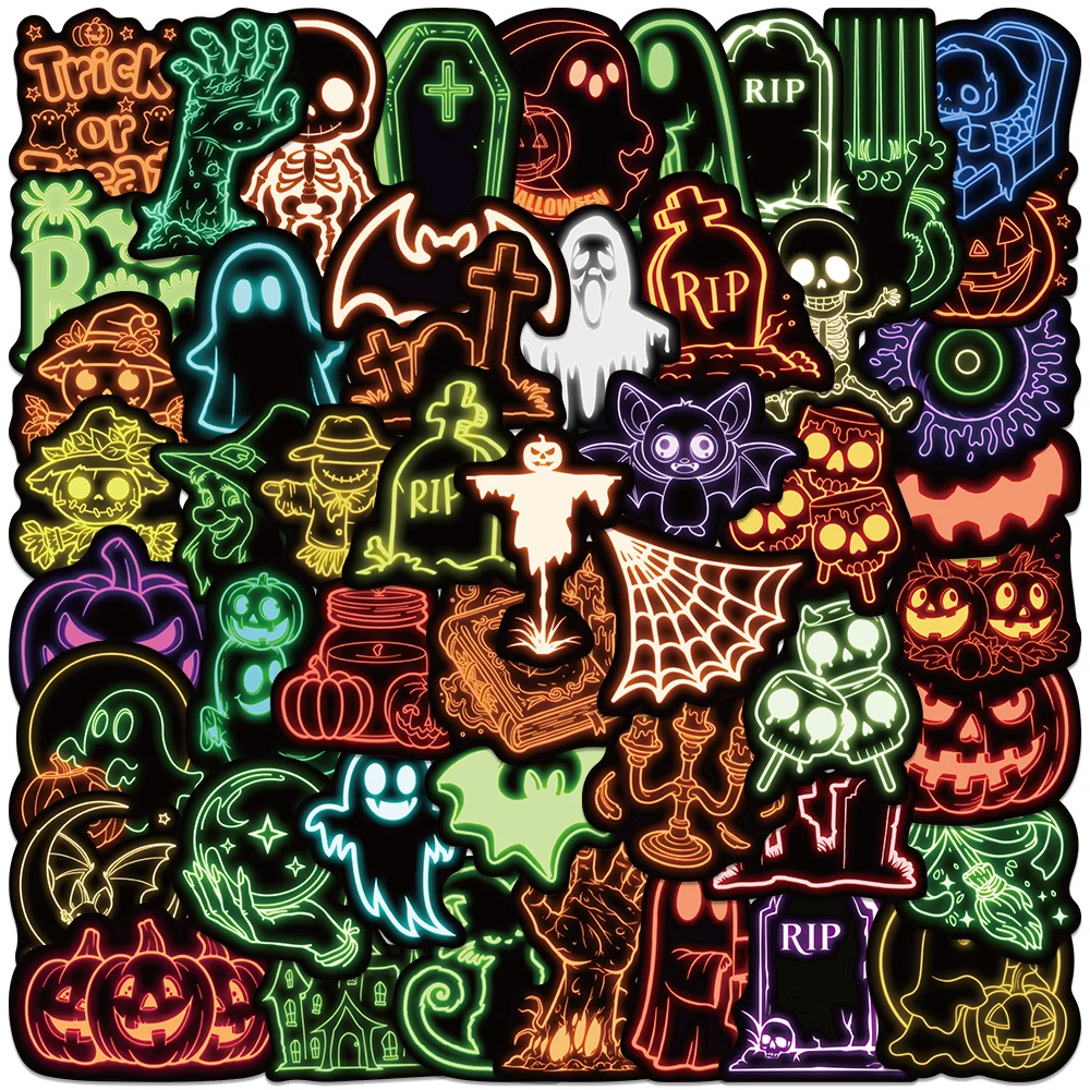 

10/30/50/100pcs Horror Halloween Neon Light Stickers Cartoon Ghost Pumpkin Decals Suitcase Phone Skateboard Fun Graffiti Sticker