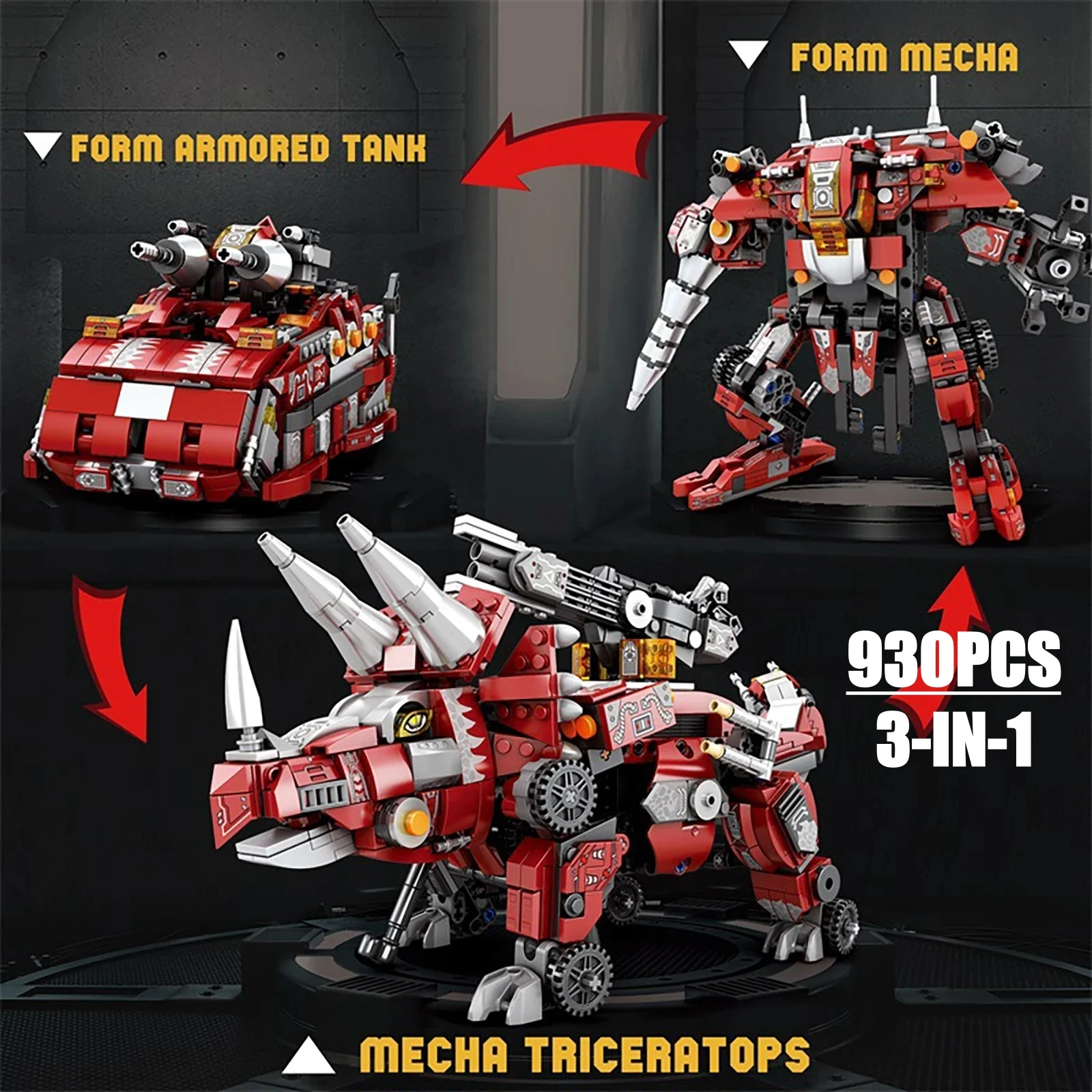 

930PCS 3-in-1 Transforming Triceratops Mecha Building Blocks Set Motorized Tank Robot Bricks Kids Adult STEM Toy Gift for Boys