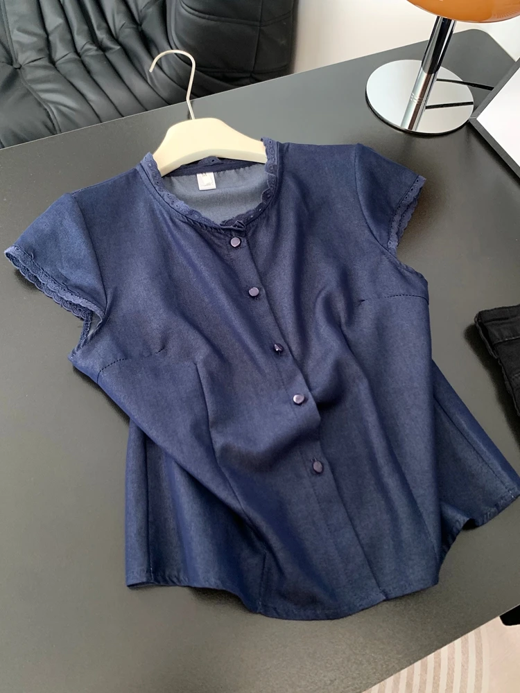 

Женский летний топ больших размеров с кружевной отделкой, коротким рукавом и круглым вырезом, модный, в корейском стиле, повседневный, из смесового хлопка, для похудения