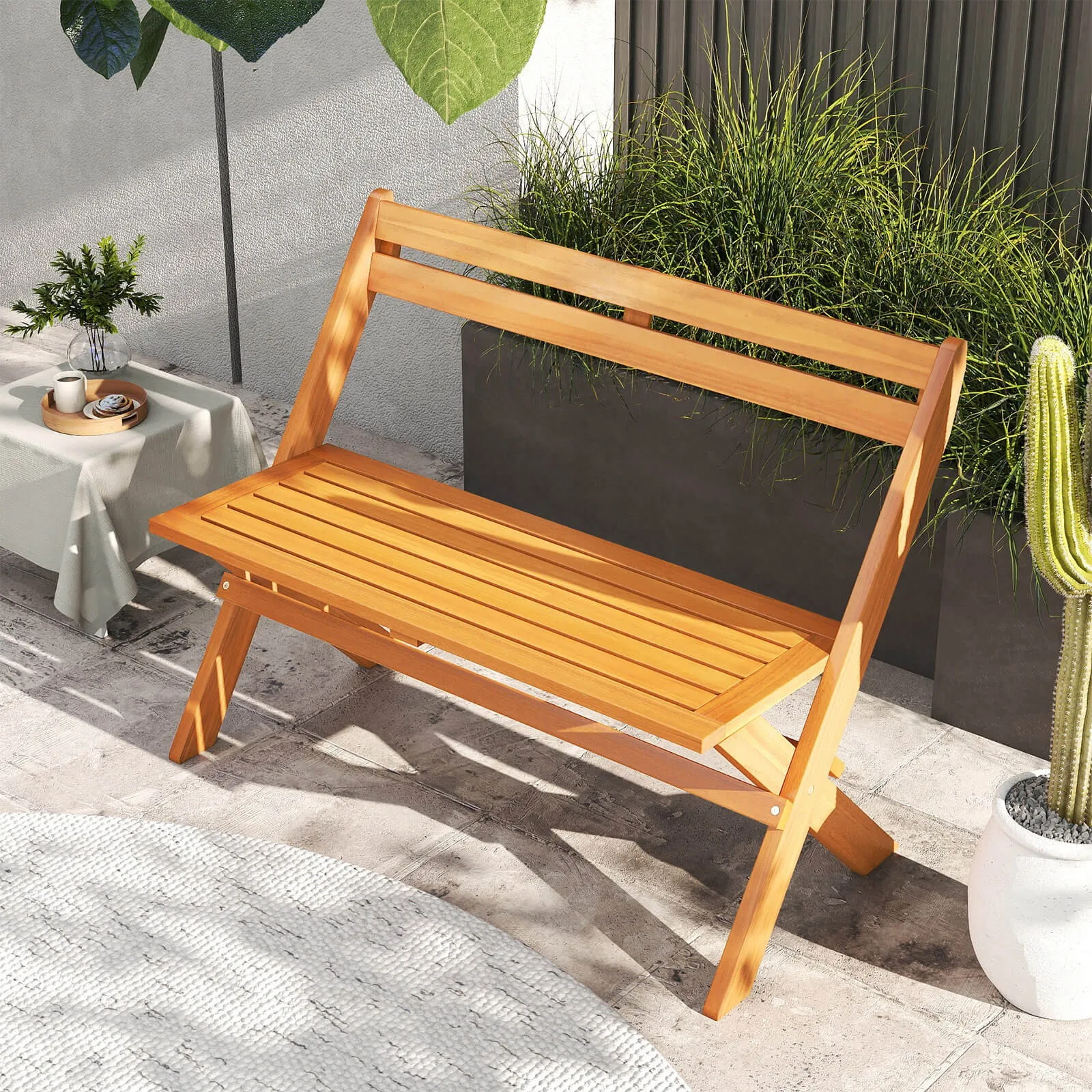 

Foldable Outdoor Bench 2-Person Acacia Wood Patio Garden Bench Outside Loveseat