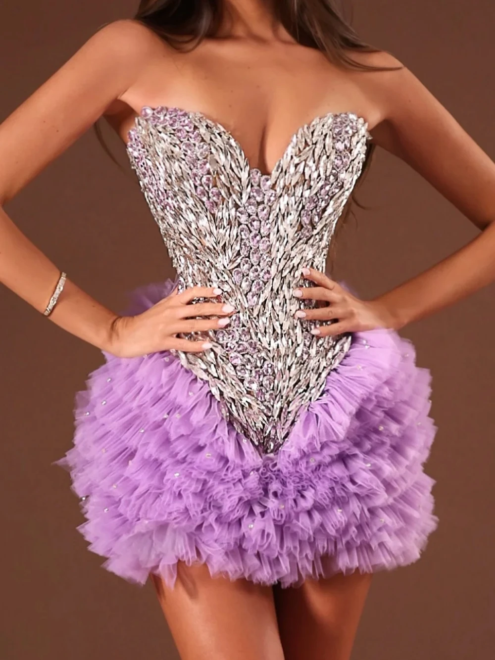 

Unique Purple Crystal Embellished Strapless Mini Cocktail Dress With Ruffled Tulle Hem Dainty Sleeveless Evening Party Gown