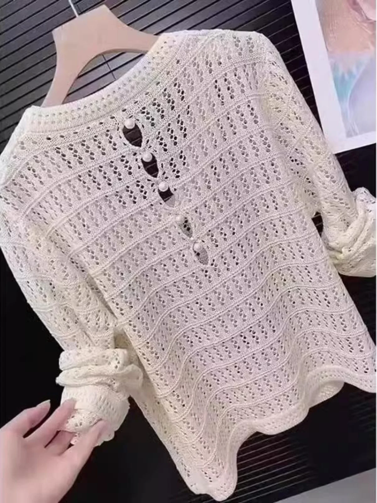 Fashionable Hollow out Knitted Top Pearl Back Long Sleeve round Neck Thin Air Conditioning Cover for Women Summer 2026