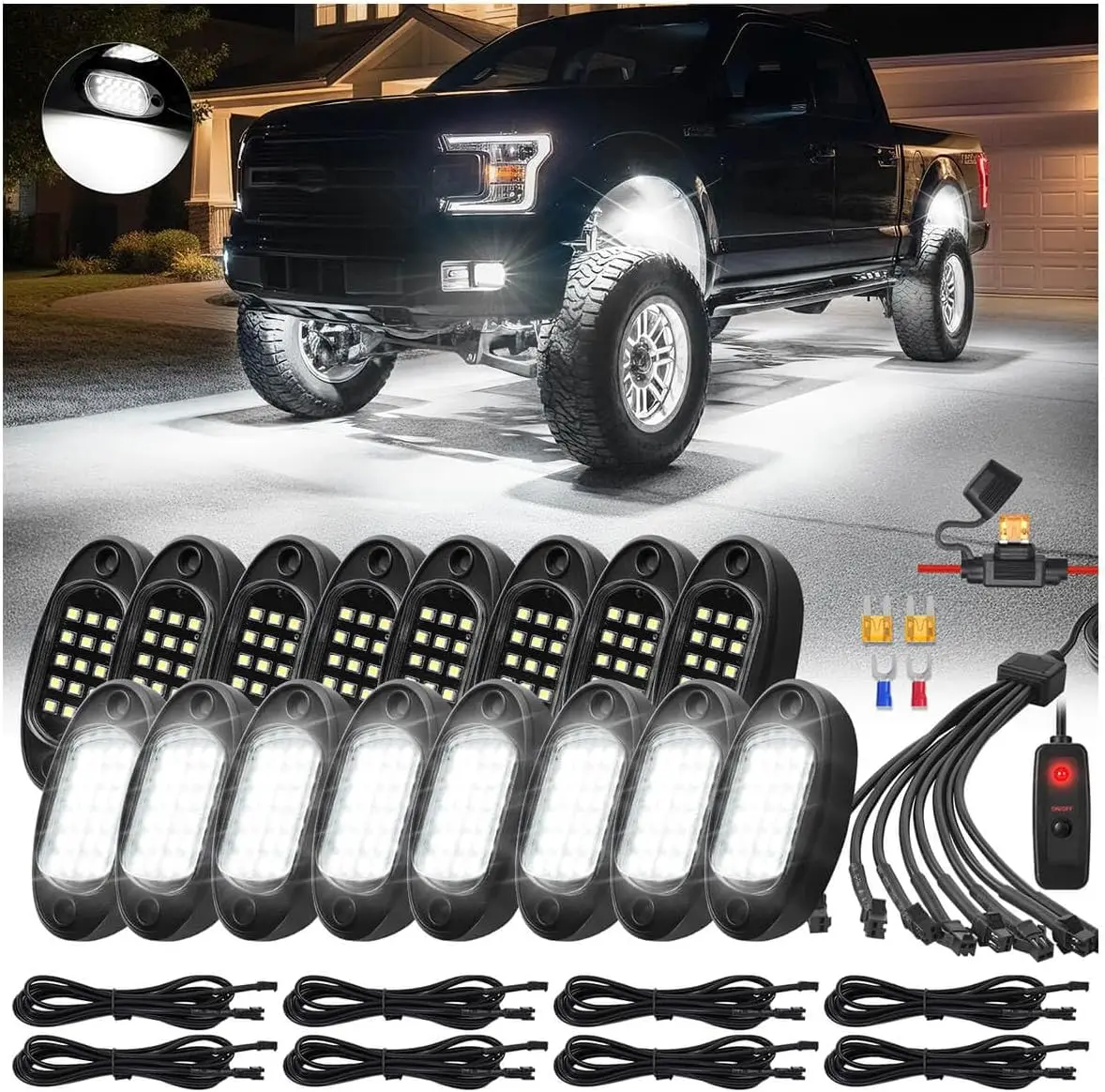 

Комплект из 16 светодиодных фонарей Pure White LED Rock Lights, 6500K, водонепроницаемые, Plug & Play, для подсветки днища грузовиков, пикапов и внедорожников