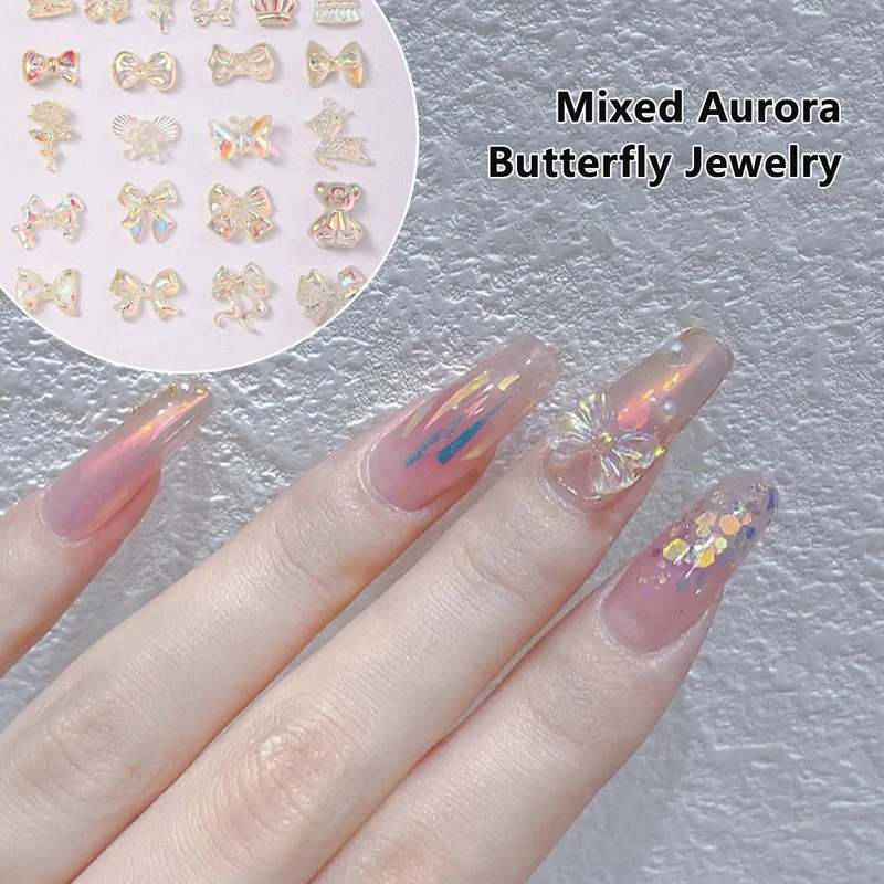50PCS Auroras Clear Resin Bow Heart Nail Art Charms Cute Bear Butterfly Glitter Nails Decoration Supplies Jewelry Accessories