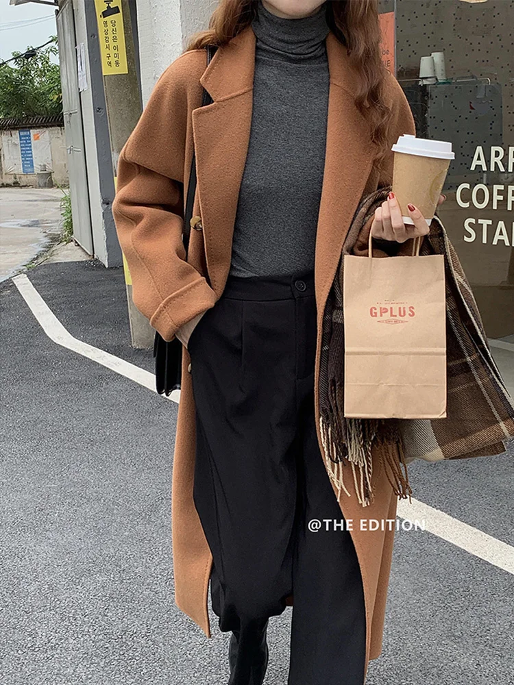 

Korea East Gate 2023 Autumn/Winter New Beaded Sewn Double sided Wool Coat Women's Mid length Loose Wool Coat