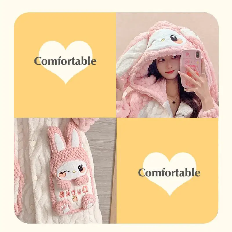 Sanrio Girl Coral Fleece Thickening Hooded Robe Suit Winter Kawaii My Melody Comic Student Keep Warm Pajamas Home Clothes Kit