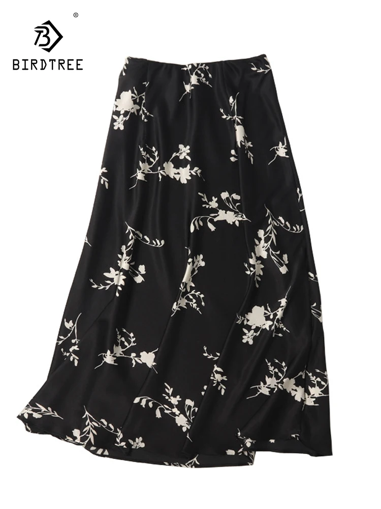 BirdTree, 22MM 93%Real Silk Elegant Skirt For Women, Printed Temperament Commute A-Line Skirt, 2024 Spring Summer New B43630QC