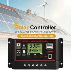 60A 30A 20A 10A Solar Panel Controller 12V/24V Battery Charge Regulator 2 USB 10A~100A Photovoltaic Cell Panel Charger Regulator