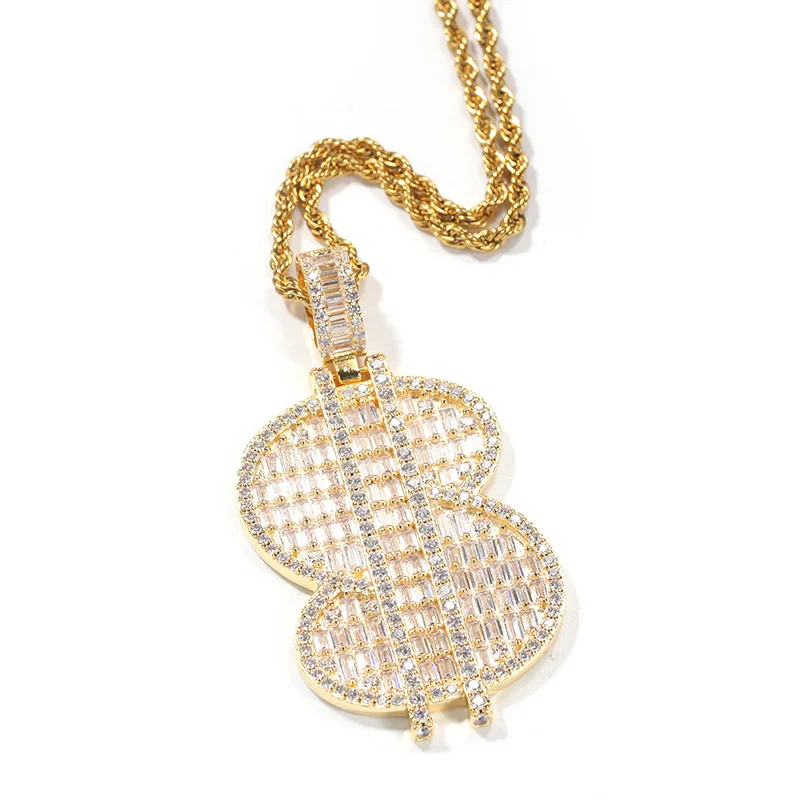 Hip Hop Claw Setting AAA+ CZ Stone Paved Bling Iced Out US Dollars Sign Pendants Necklaces for Men Rapper Jewelry Drop Shipping