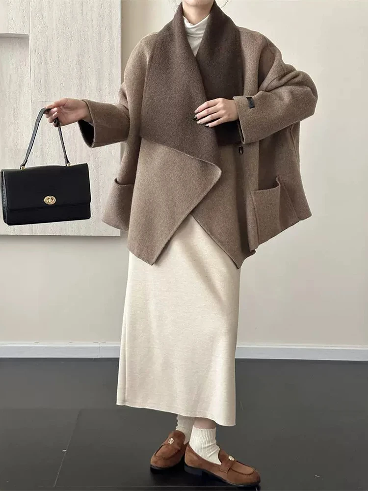 LANMREM cappotto di lana a doppia faccia a contrasto di colore per le donne risvolto cappotti Casual irregolari 2024 abbigliamento donna autunno