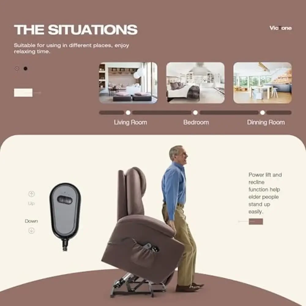 Cadeira reclinável com elevador elétrico, sofá para idosos, sala de estar, bolsos de massagem, porta-copos, marrom, lthr, design ergonômico, estrutura resistente, fácil